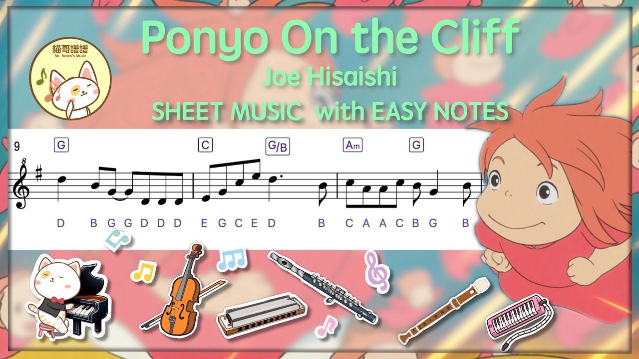 Ponyo on the Cliff 崖の上のポニョ | Play along With Piano Accompaniment - Sheet music with Easy Notes