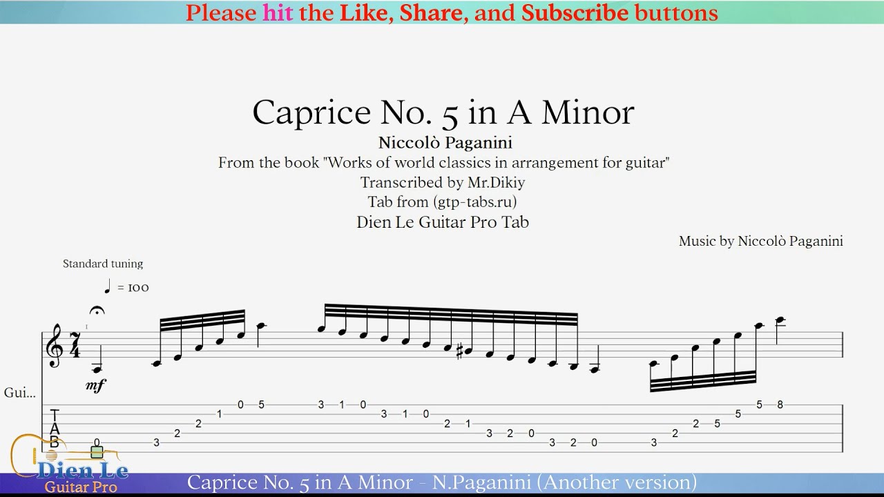 Caprice No. 5 in A Minor - N.Paganini (Another version Arrangement for Acoustic Guitar with Tab)
