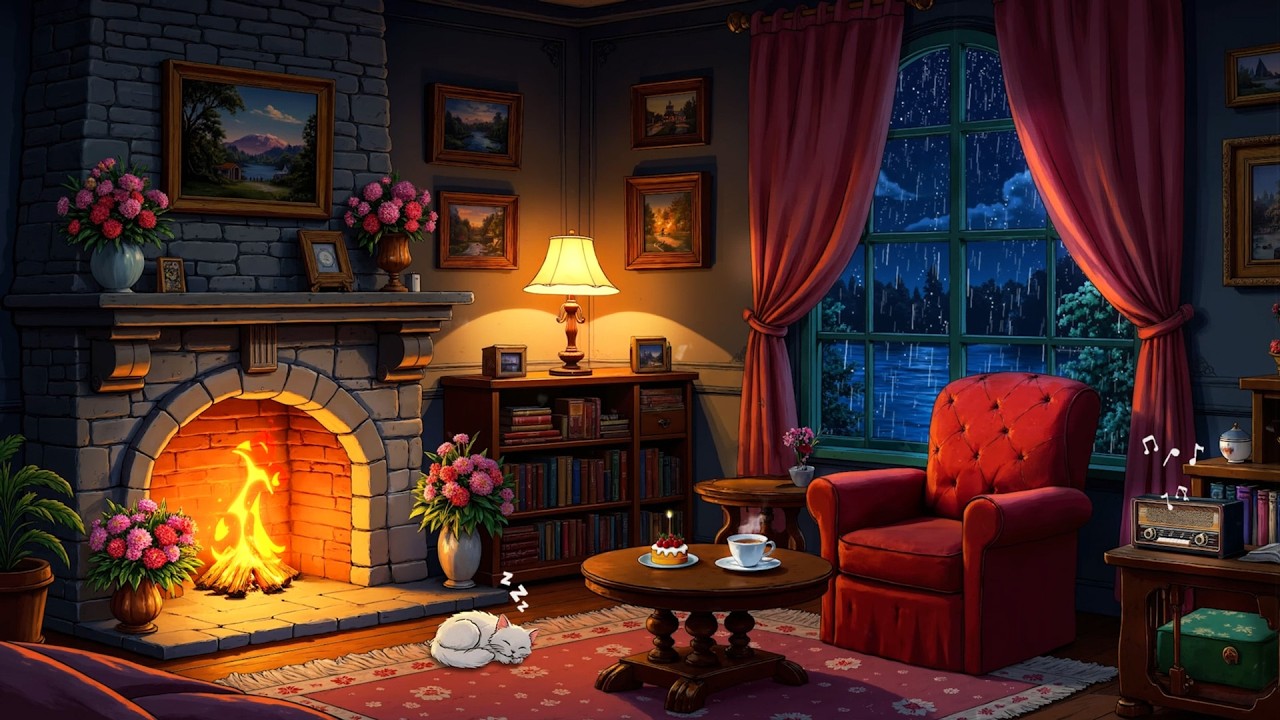 it's 1940s and you're listening to vintage oldies by the fireplace on a cozy rainy night