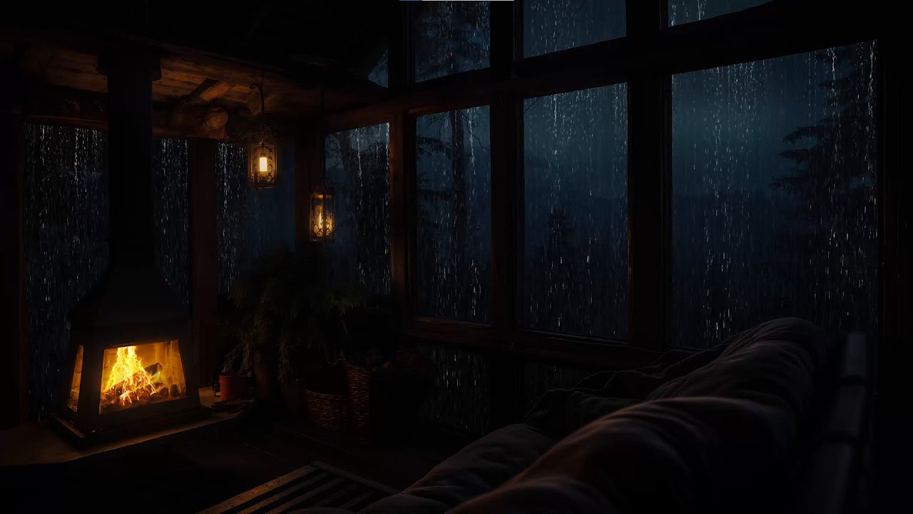 Cozy Forest Cabin on a Rainy Night | Fireplace Sounds for Deep Sleep and Relaxation