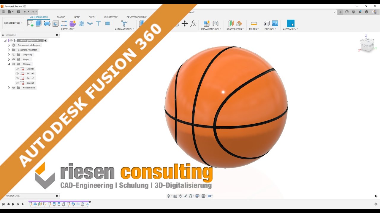Autodesk Fusion 360 - 3D Modell / Bauteil erstellen Schulung CAD Deutsch Tutorial Basketball