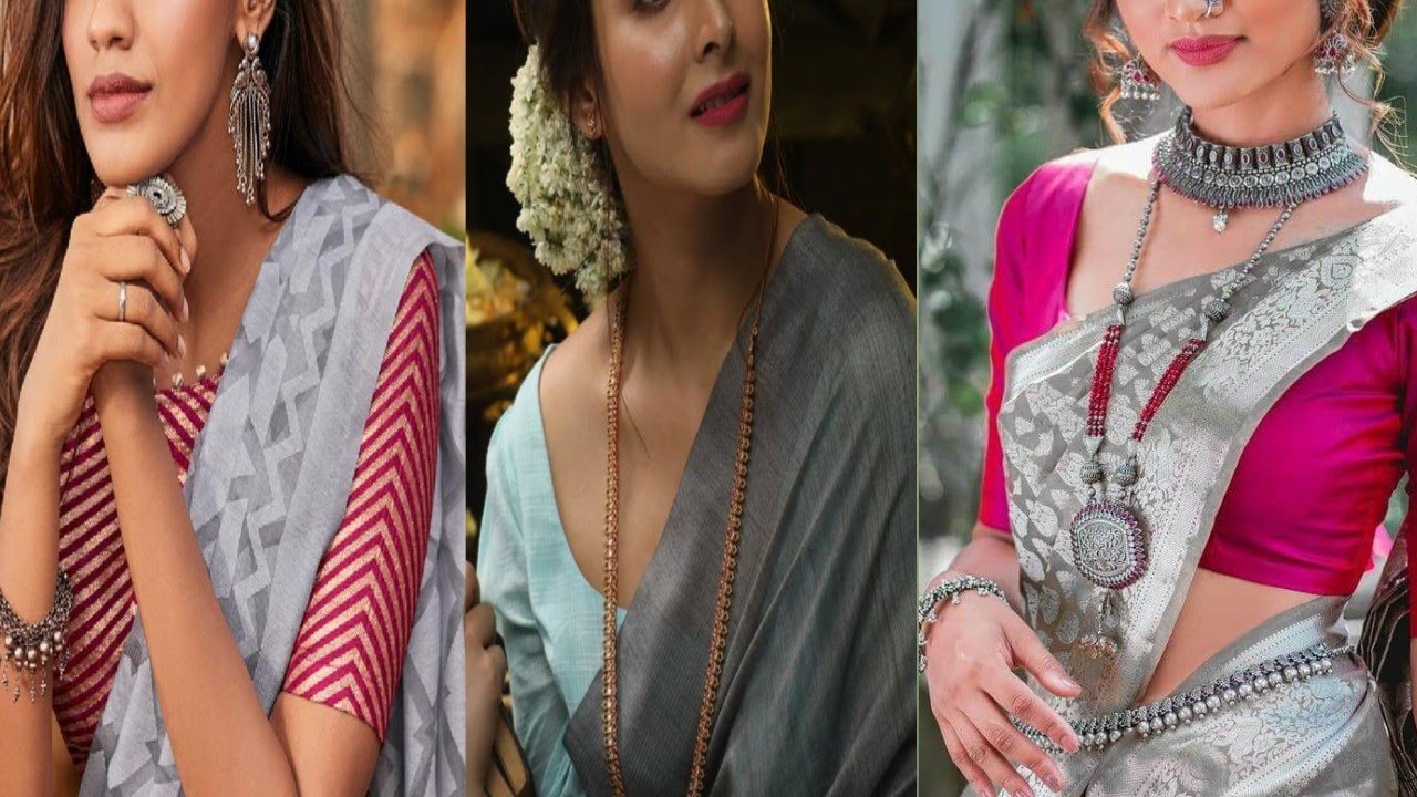 Gray colour saree with contrast blouse collection..