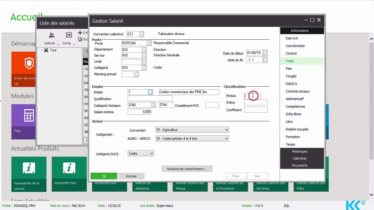 Tuto Sage Paie L'onglet poste des fiches de personnel
