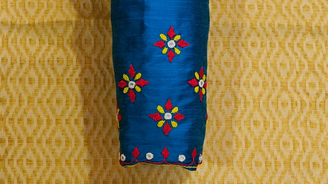 Traditional embroidery on blouse with mirror work . Contact 9619108487 for online class