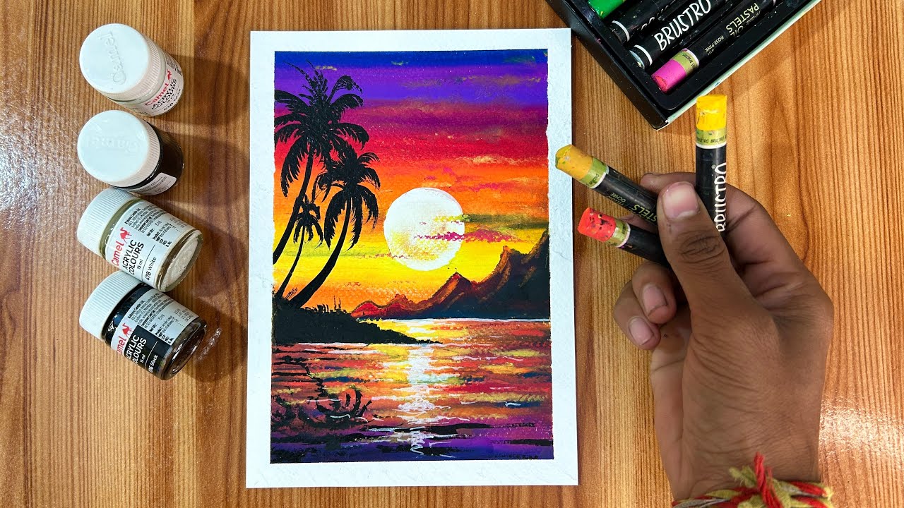 Beautiful Sunset Landscape Painting || Oil Pastel Step by Step🎨