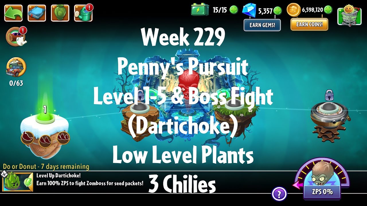 PvZ2 Penny's Pursuit Week 229 (Dartichoke) - Level 1-5 & Boss Fight - 3 Chilies