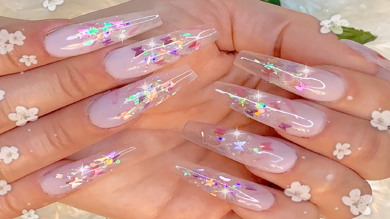 🦋 Encapsulated Butterfly Glitter Ombré Acrylic Nails W/ Glass Tip 🦋