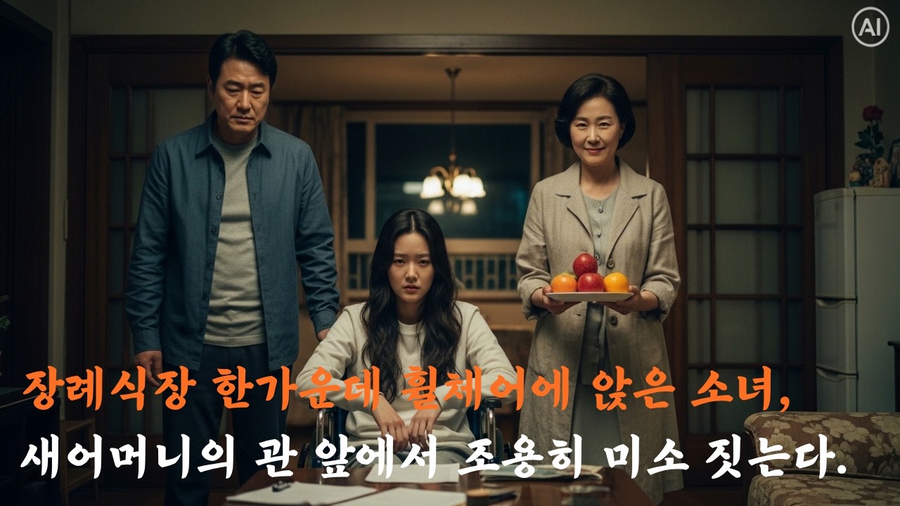 장례식장 한가운데 휠체어에 앉은 소녀, 새어머니의 관 앞에서 조용히 미소 짓는다