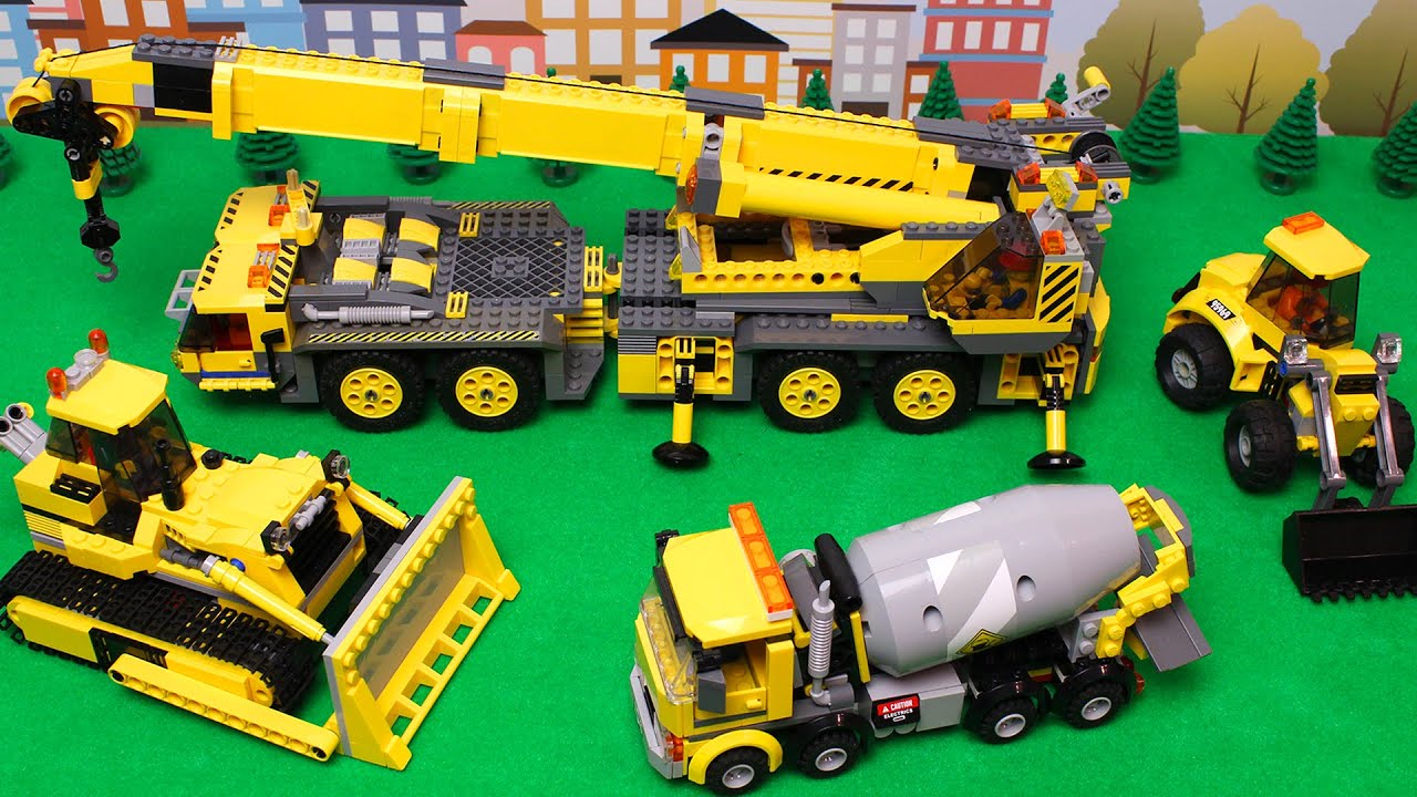 Lego Bulldozer, Concrete Mixer, Dump Truck, Crane, Tractors and experemetal cars and trucks for Kids