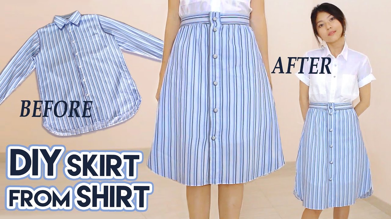 DIY Turn Old Shirt Into Skirt | Button Front A Line Midi Skirt | Clothes Transformation Indonesia