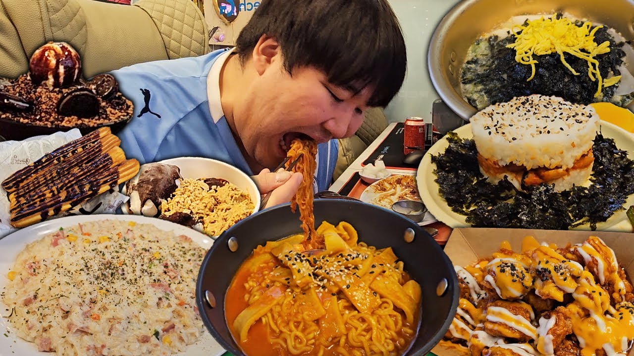 새벽에 PC방에서 양념치킨,크림 리조또,만두국,밥버거,라볶이,츄러스,만두,오레오 빙수 먹방!! [ Mukbang ]