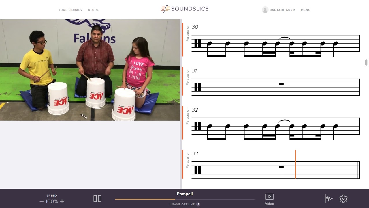 Pompeii Bucket Drum Walkthrough with Music Notation