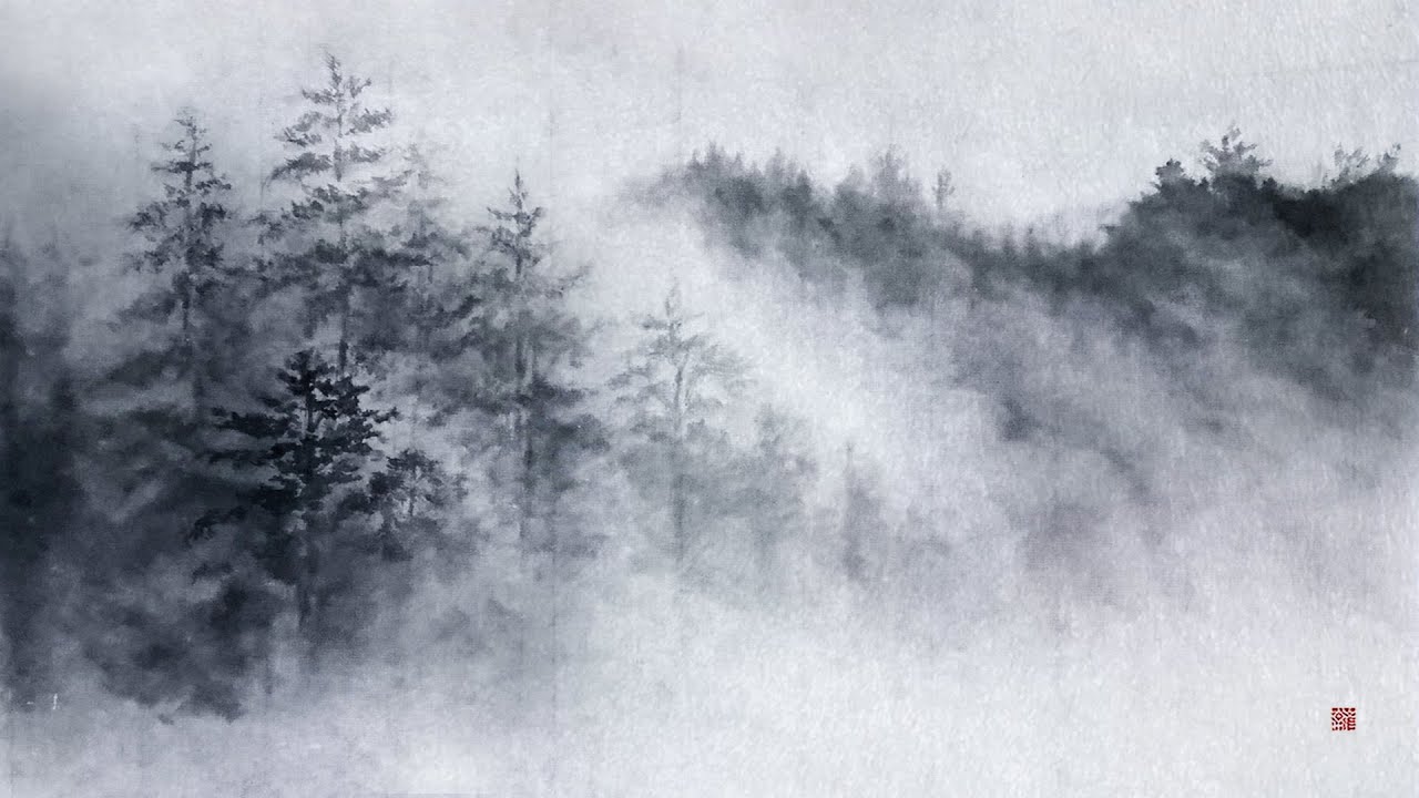 Картина тушью, пейзаж 