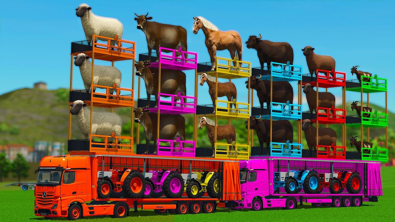 BIG CARGO TRANSPORT WITH SHEEPS, HORSES, COWS, BUFFALO, GOATS & TRUCKS - FS25