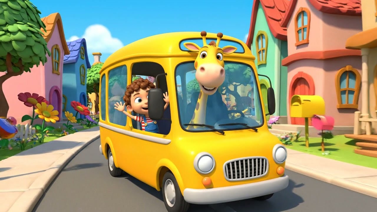 Baby Giraffe on the Big Yellow Bus 🦒🚌 | Fun 3D Animated Nursery Rhyme for Kids & Toddlers