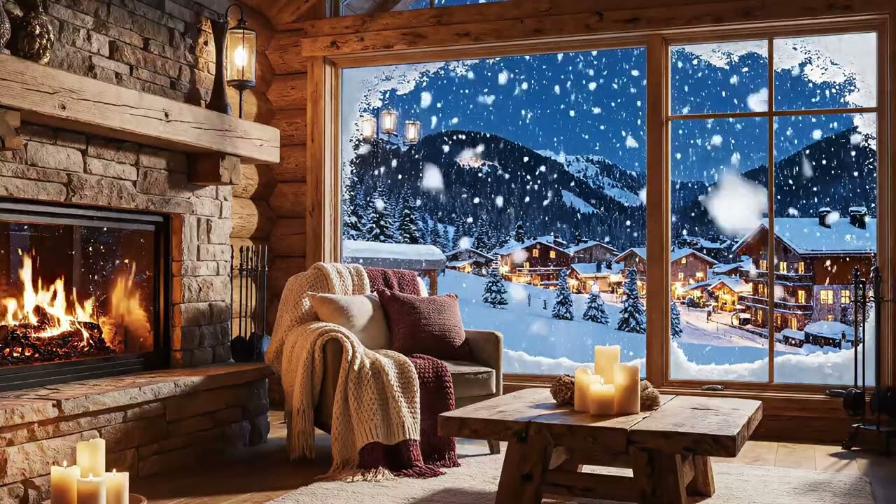 A Quiet Winter Night in an Alpine Cabin ❄️ Fireplace Burning While Snow Falls Outside (3 Hours)