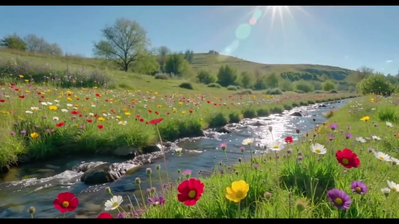 3 Hours Spring Meadow Ambience 🌸 Calm River & Wildflowers | Relaxing Nature Sounds