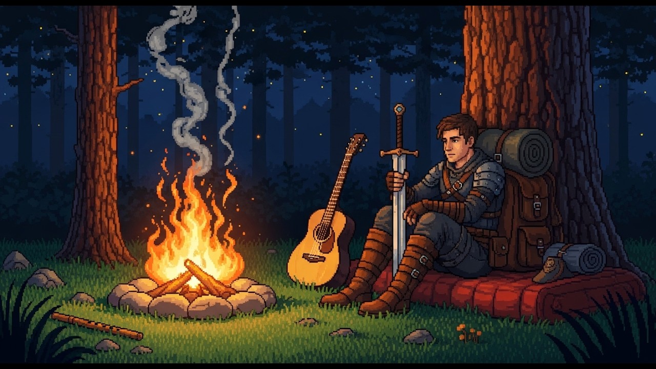 Swordsman Knight Resting by Campfire in a Dark Night Forest by MedievalLute