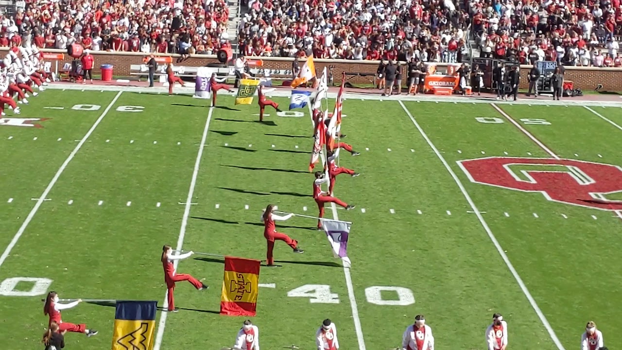 Pride of Oklahoma takes the field OU vs Texas Tech 10/30/21 drum major twirler