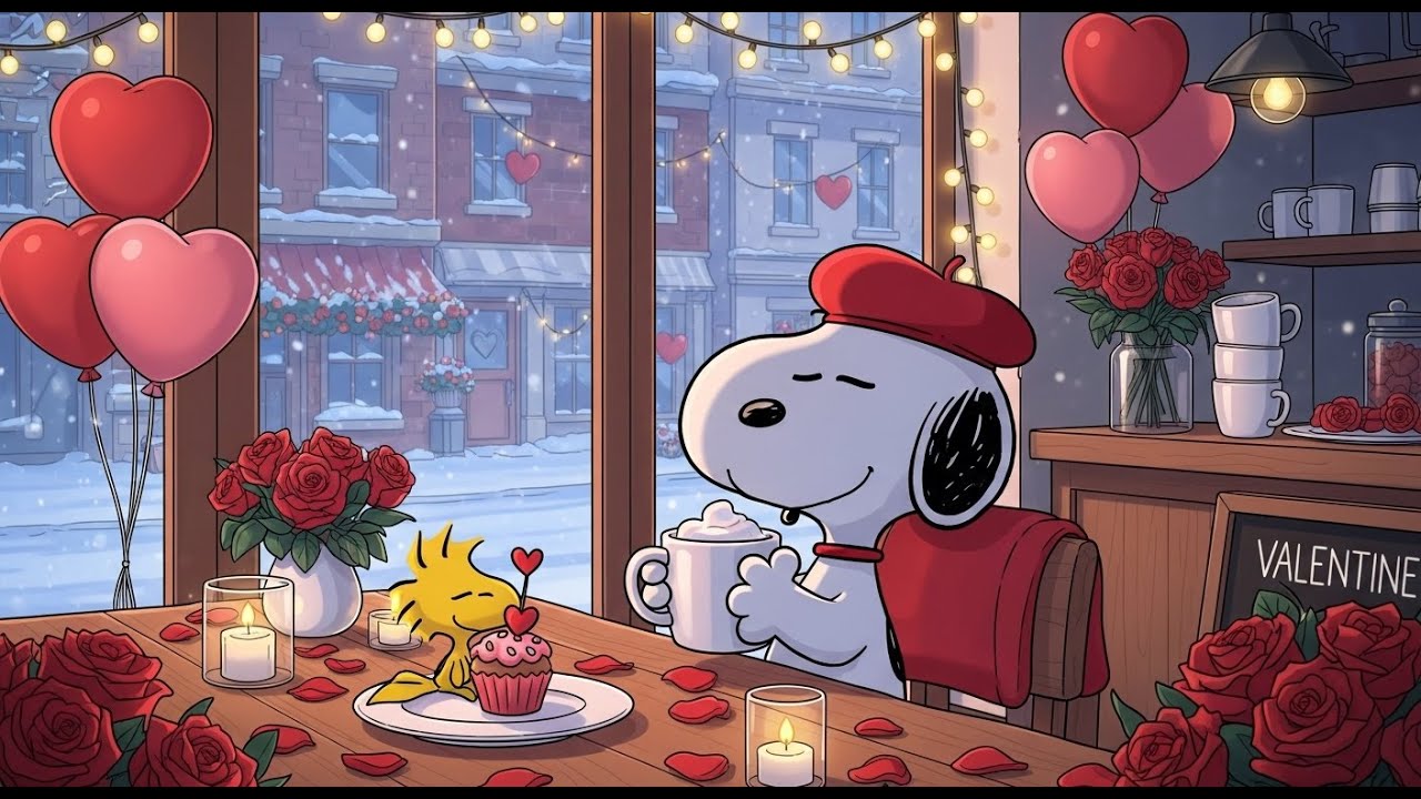 Cozy Valentine Evening with Snoopy 💖 | Warm Fireplace Jazz for Romantic Vibes & Sweet Love Calm