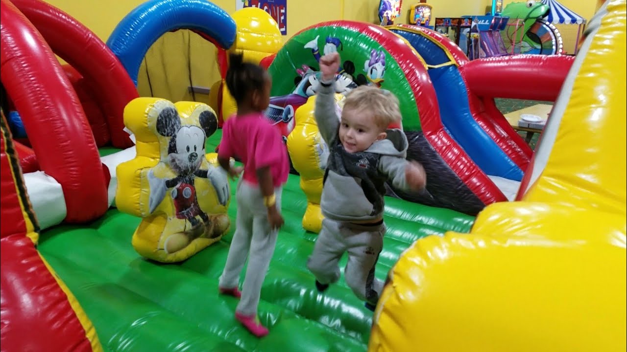 Monkey Joe's Kids plays on HUGE Indoor  playground GIANT INFLABLE SLIDES