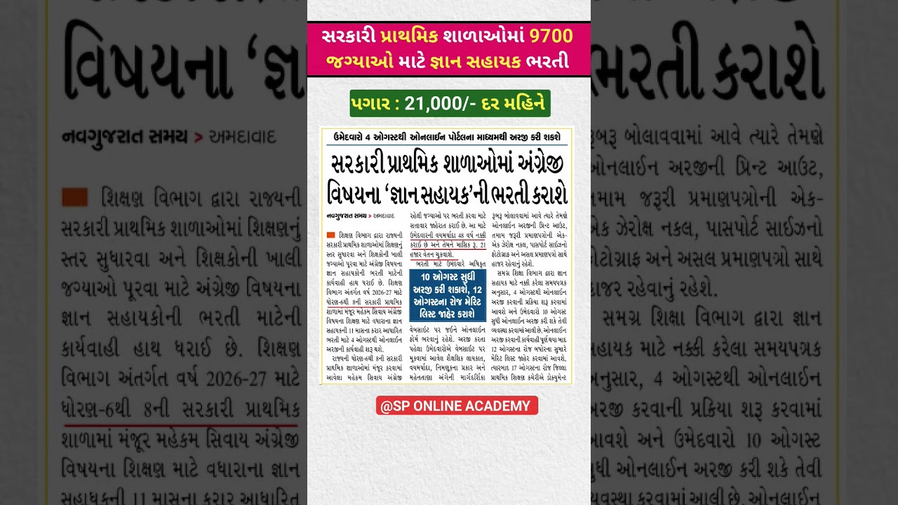 Gyan Sahayak Vacancy 2026 🔥 | 9700 Vacancies in Government Primary Schools | #teacherbharti #tet