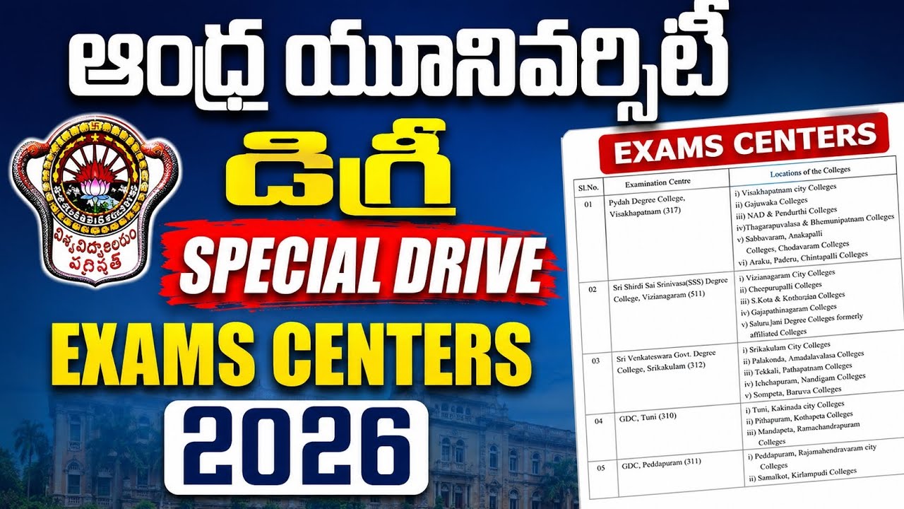Andhra University Degree Special Drive Examinations 2026 - Jumbling Centers | AU Updates |
