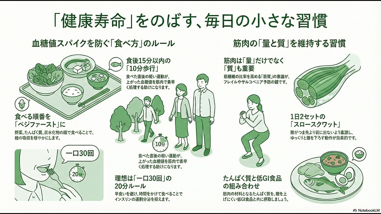 【聞き流し】中高年の健康バイブル｜血糖値スパイクを防ぐ食べ方と身近な病気の初期症状