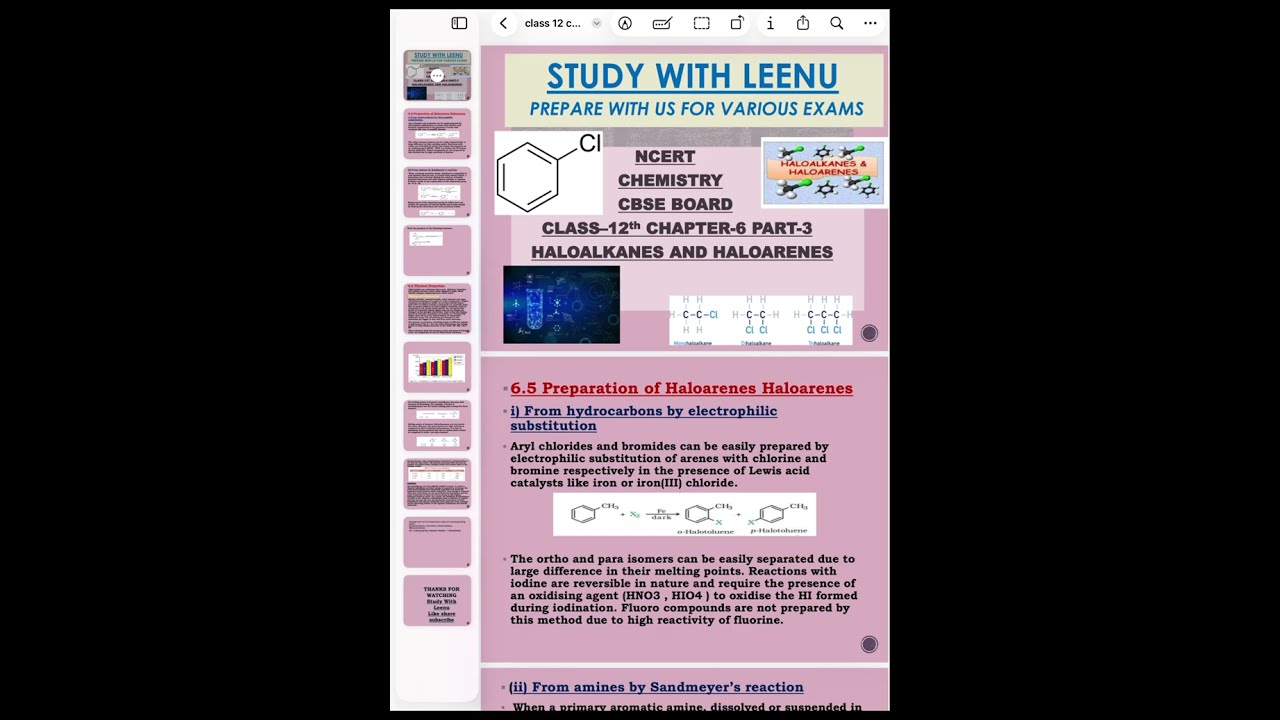 NCERT CLASS 12 HALOALKANES & HALOARENES| PART-3| PREPARATION OF HALOARENES| #cbse @Studywithleenu 👍