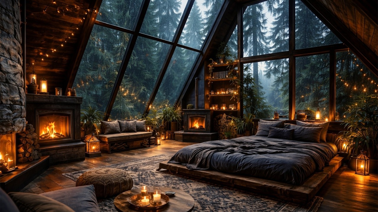 Rainy Forest Cabin with Fireplace 🌧 Cozy Jazz Ambience for Relaxation & Study (8 Hours)