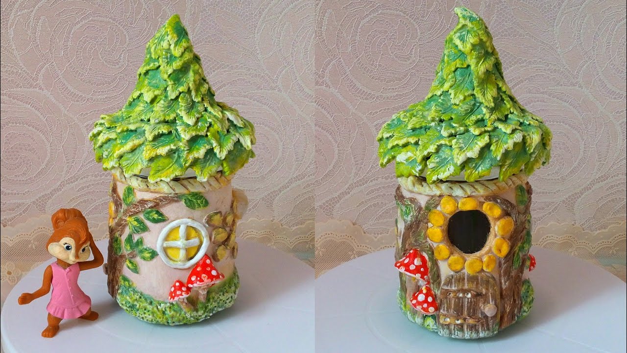 DIY Сказочный домик из соленого теста и стеклянной банки. Декор банки своими руками.