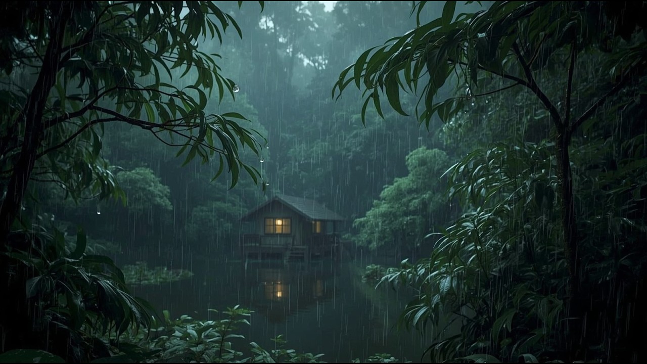🌌🌧️ Calm Heavy Forest Rain Soundscape with Soft Piano Music
