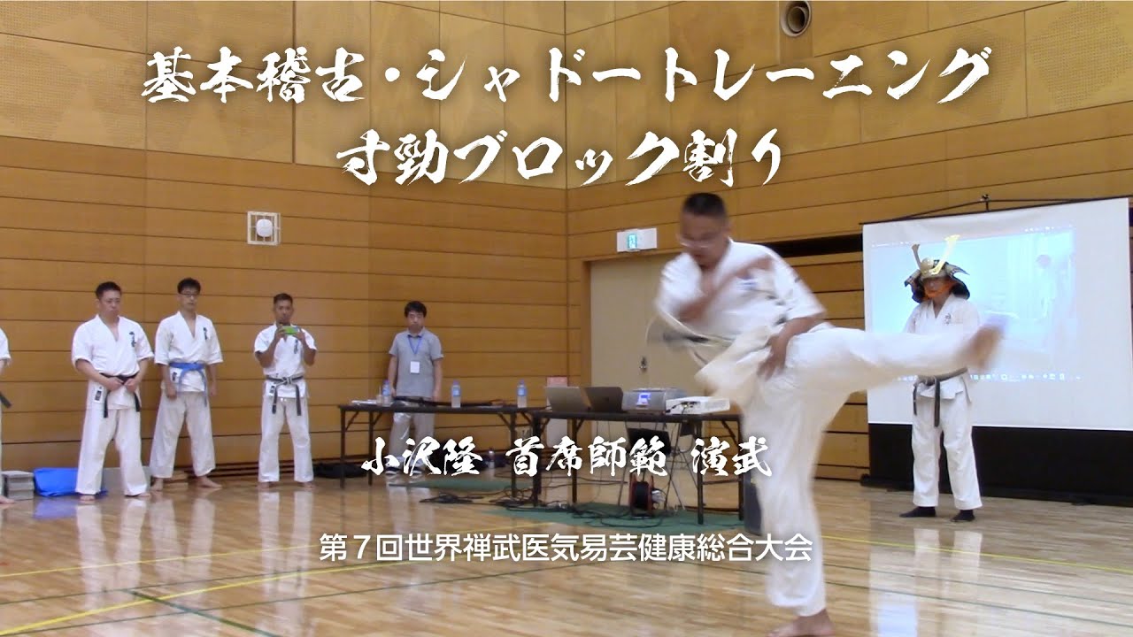 【小沢隆首席師範が、シャドートレーニングや寸勁ブロック割りを披露】