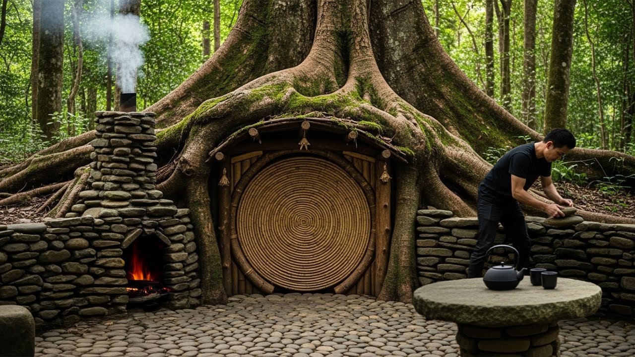 The Man Built a Secret Shelter in the Forest Inside a Giant Tree
