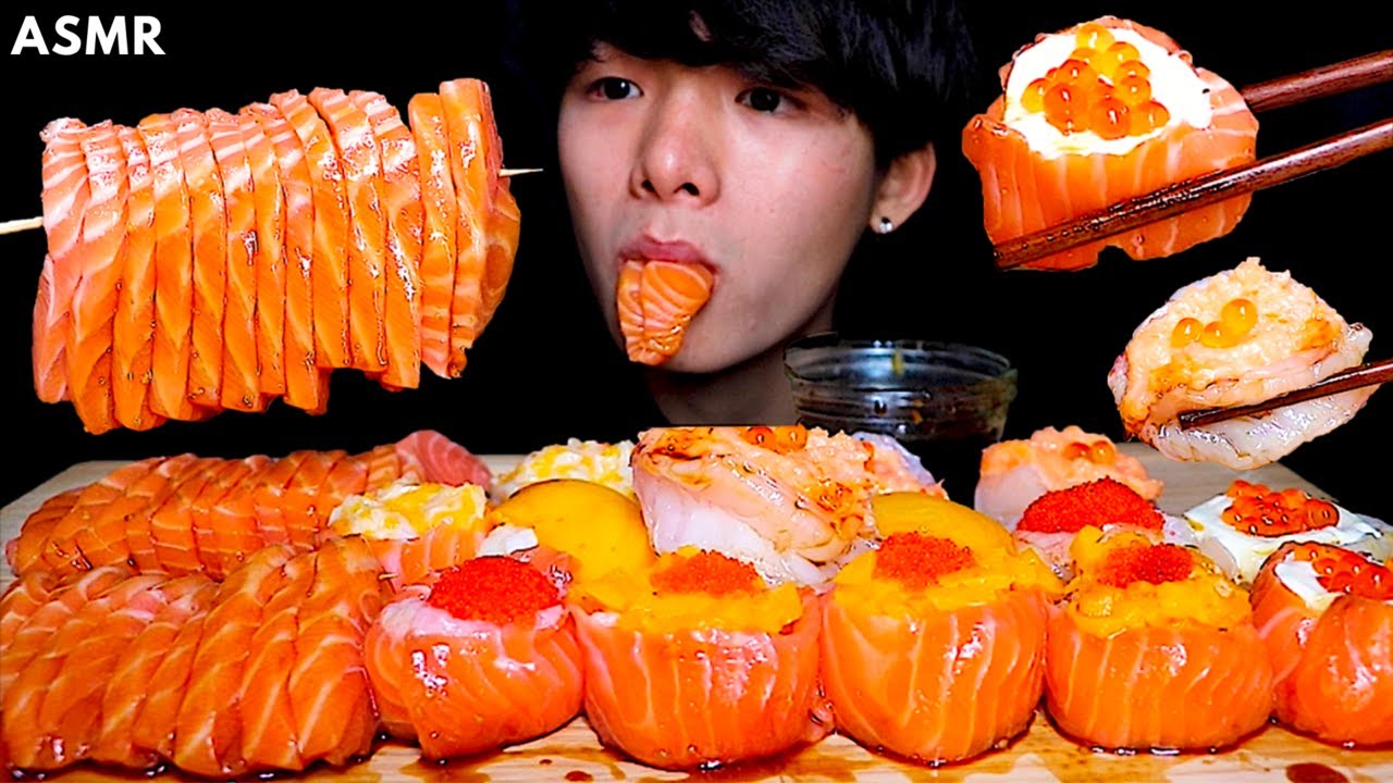 ASMR SALMON SUSHI + SASHIMI, SUSHI PLATTER (Eating Sound) | MAR ASMR
