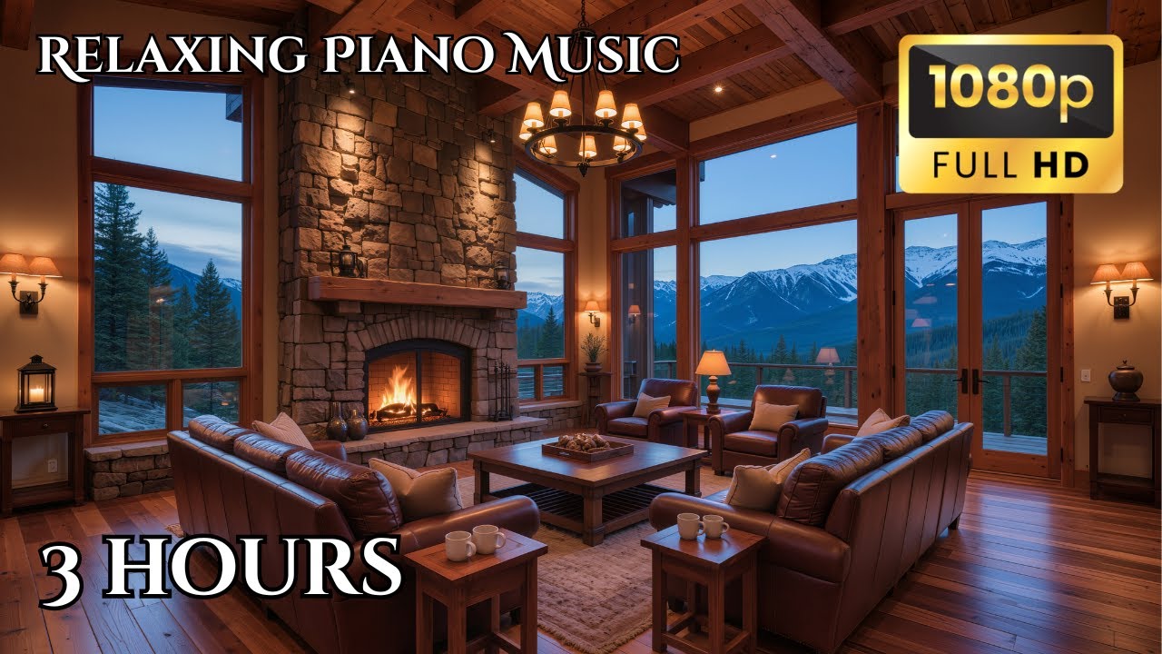 Mountain Lodge Fireplace with Piano background 3 hour