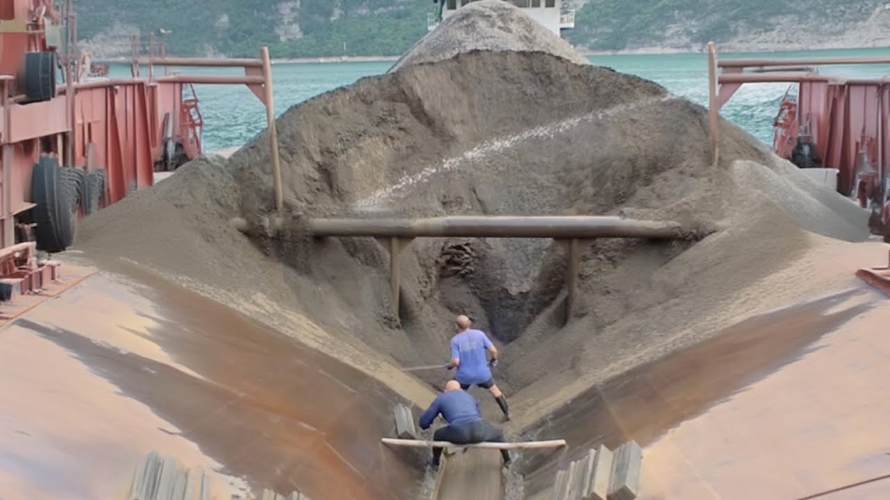 Barge unloading 5000 tons of sand - part 1 - Video Vlog of work on barge | Relaxing video