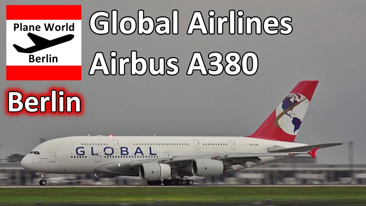 Global Airlines Airbus A380 landing at Berlin Brandenburg Airport // storm wind & water salute