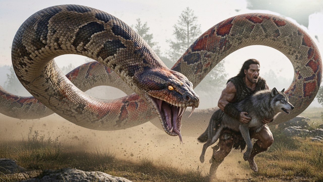 Prehistoric Humans Risk Their Lives Fighting Titanoboa to Protect a Wolf