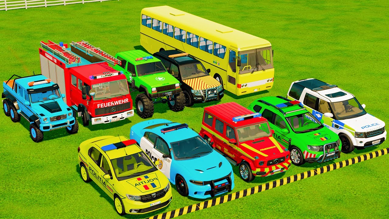 TRANSPORTING POLICE CARS, AMBULANCE, FIRE TRUCK, COLORFUL CARS WITH TRAIN -FARMING SIMULATOR 22!