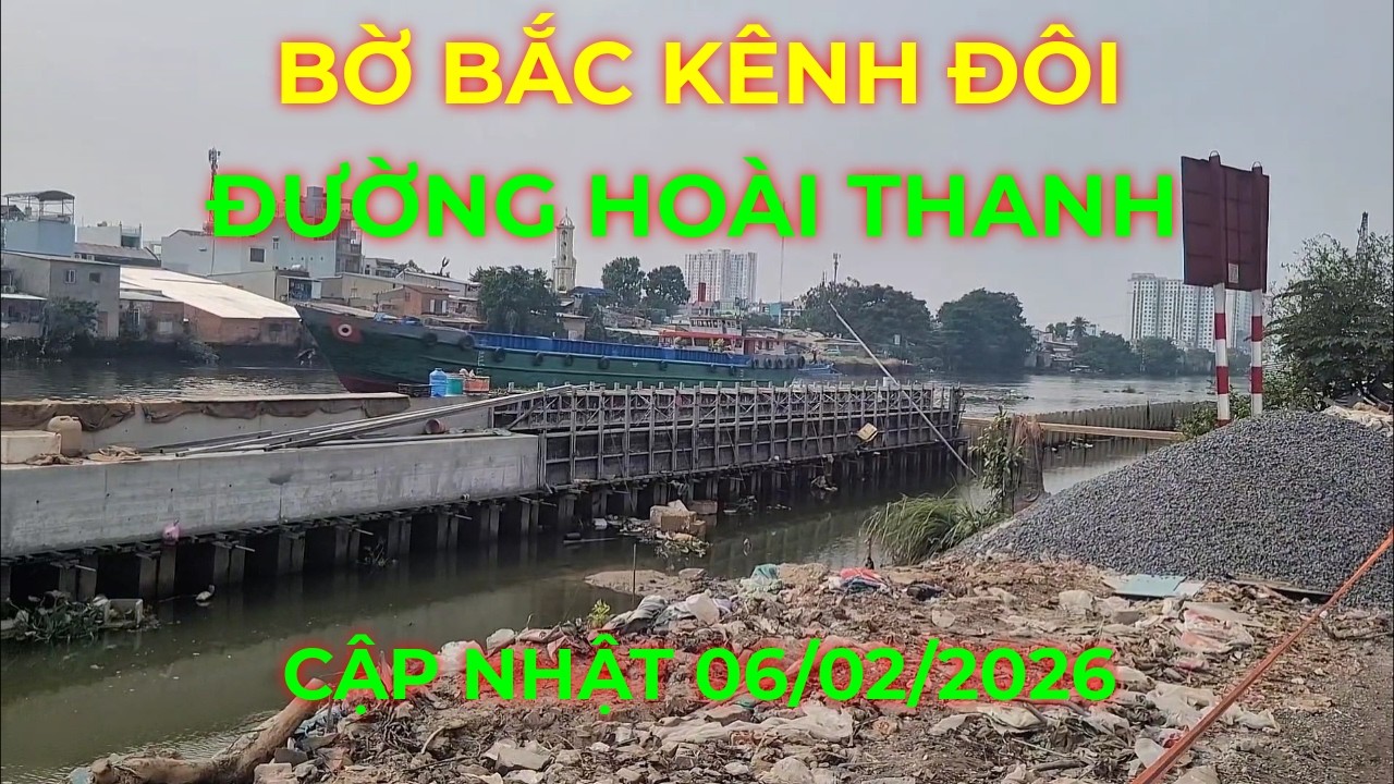 Đổ bê tông đóng cọc bờ kè Bờ Bắc Kênh Đôi đường Hoài Thanh Quận 8 cũ, cập nhật 06/02/2026