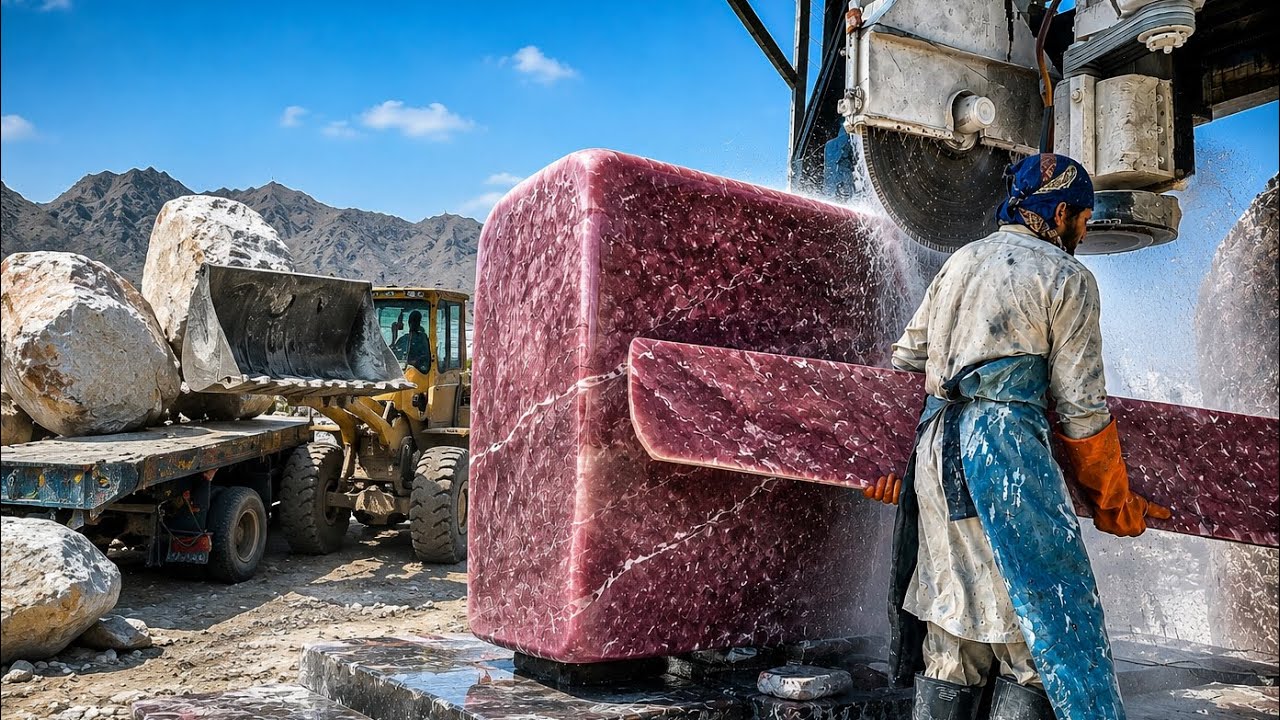 Inside the World&rsquo;s Most Beautiful Strawberry Marble Quarry | Giant Marble Cutting Process