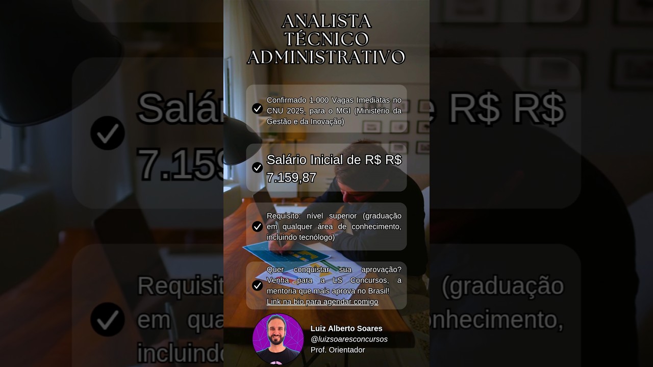 ANALISTA T&Eacute;CNICO ADMINISTRATIVO 🔴 1.00 VAGAS NO CNU 2025 #shorts