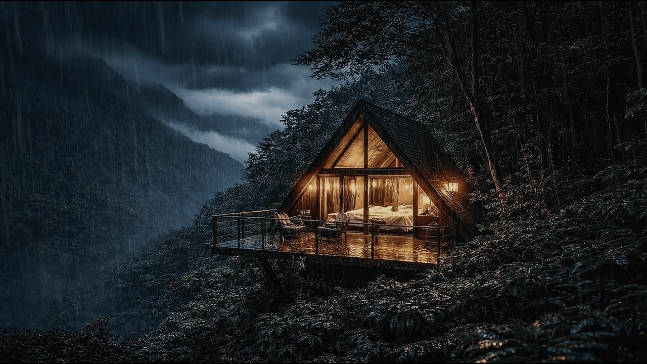 Rain Sounds for Deep Sleep | Heavy Rain ASMR for Insomnia| Rain Ambience Fall Sleep Cozy Glass Cabin
