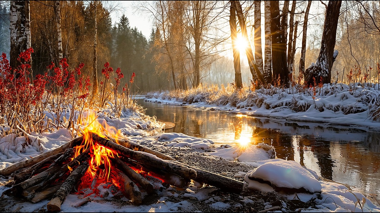 Cozy Winter-Spring Campfire 🌅 River Reflections and Soft Forest Atmosphere