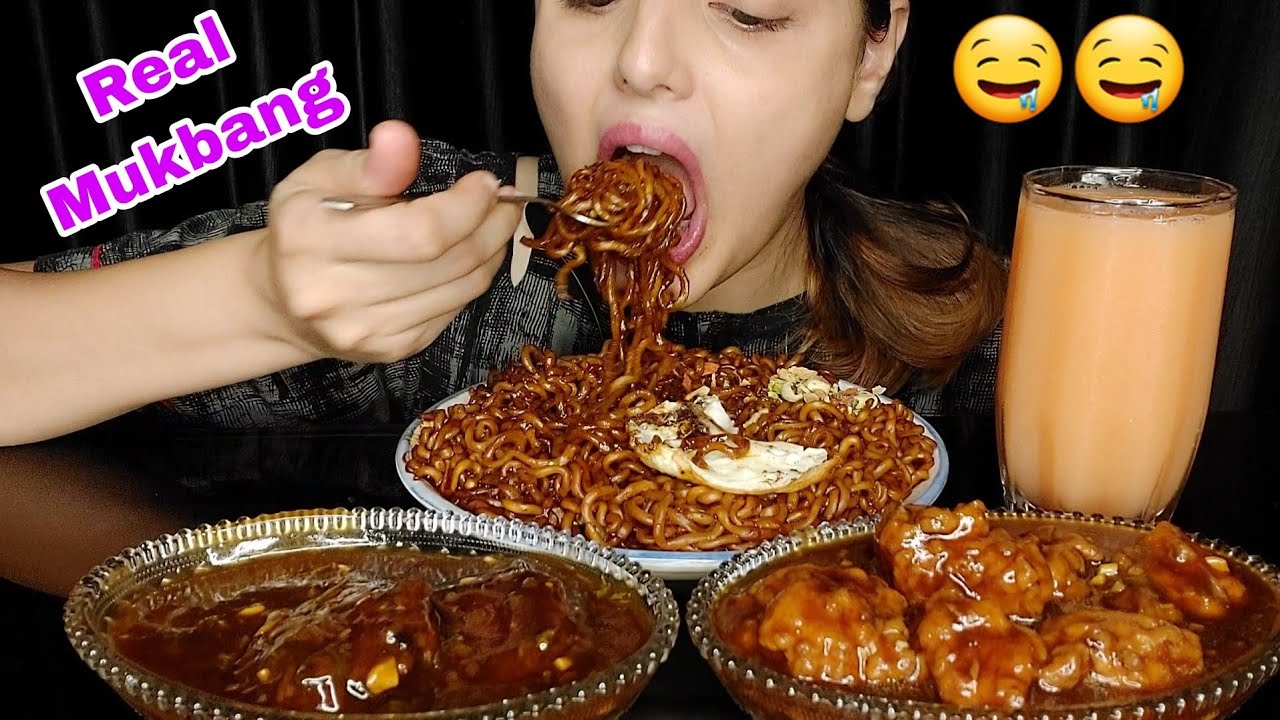 Real Mukbang:Cooking and Eating🥰 Korean black bean noodles , chicken manchurian and veg manchurian🤤