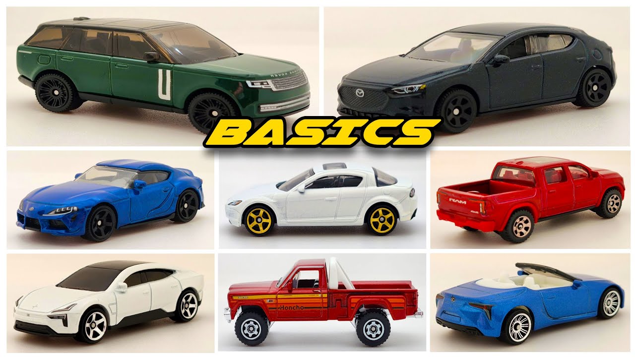 Витрина &mdash; линейка моделей Matchbox Basics 2026 года: Mazda 3, Range Rover Phev, Prius Prime, Land...