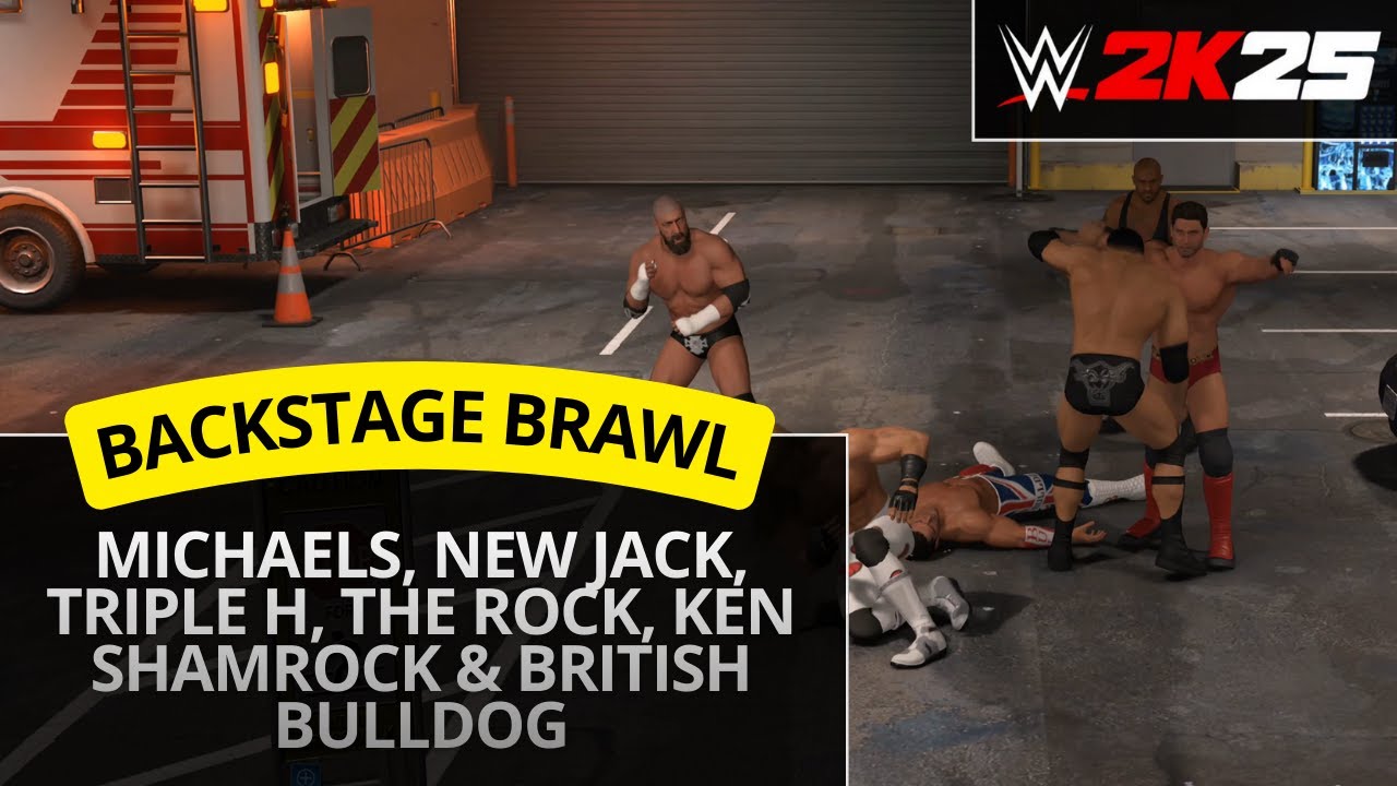 WWE 2K25 – Michaels, New Jack, Triple H, The Rock, Ken Shamrock & Bulldog (Backstage Brawl)