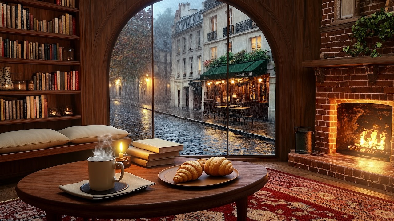 Gentle Piano Jazz in Cozy Library | Rainy Parisian Cafe Warmth for Peaceful Studying