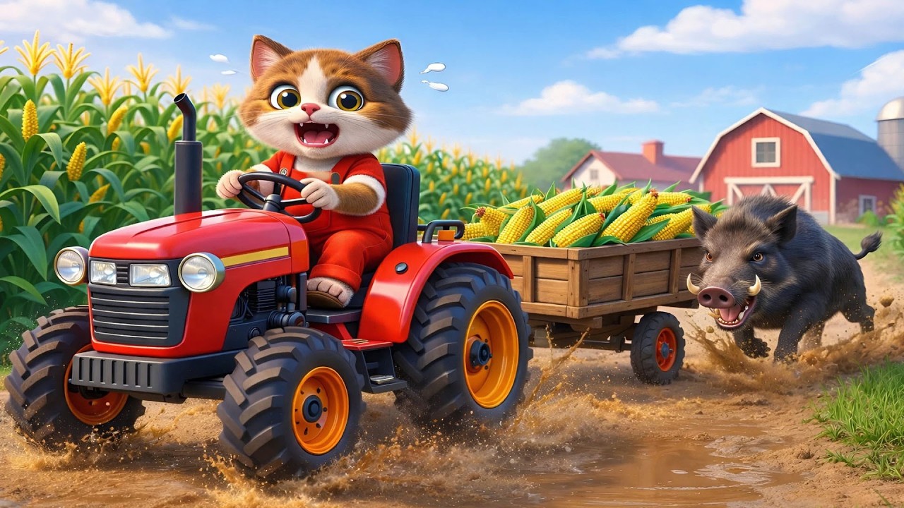 😱 🐗 Corn Field Trouble 🌽 Wild Boar Attacks — Cat Fights Back with a Tractor | Vehicles Farm Animated